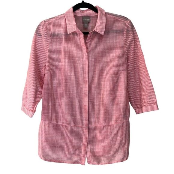 Chico’s women’s top Sz M button down pink light weight striped 100% cotton - Picture 1 of 7